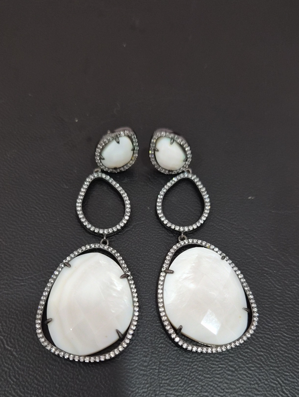 White Mother-of-Pearl Drop Earrings with Crystal Halo - Women Jewelry